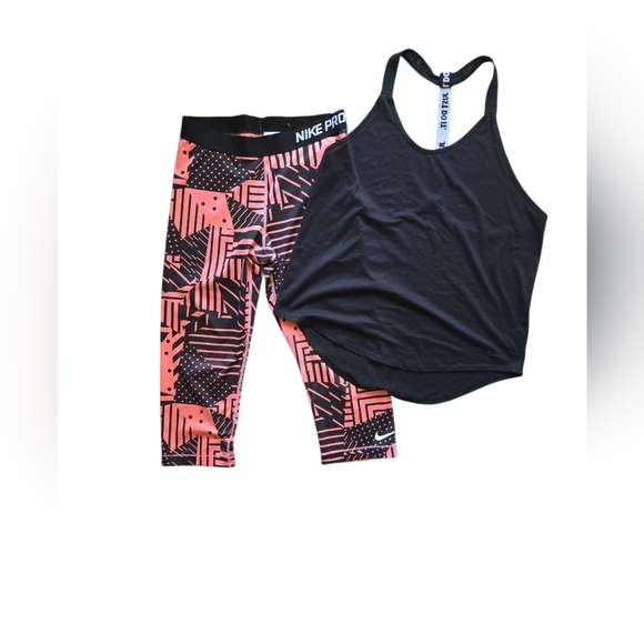 Nike Pro Dri Fit Black Tank and Coral Patterned Leggings Capri Set ~ Size Large - Picture 1 of 6